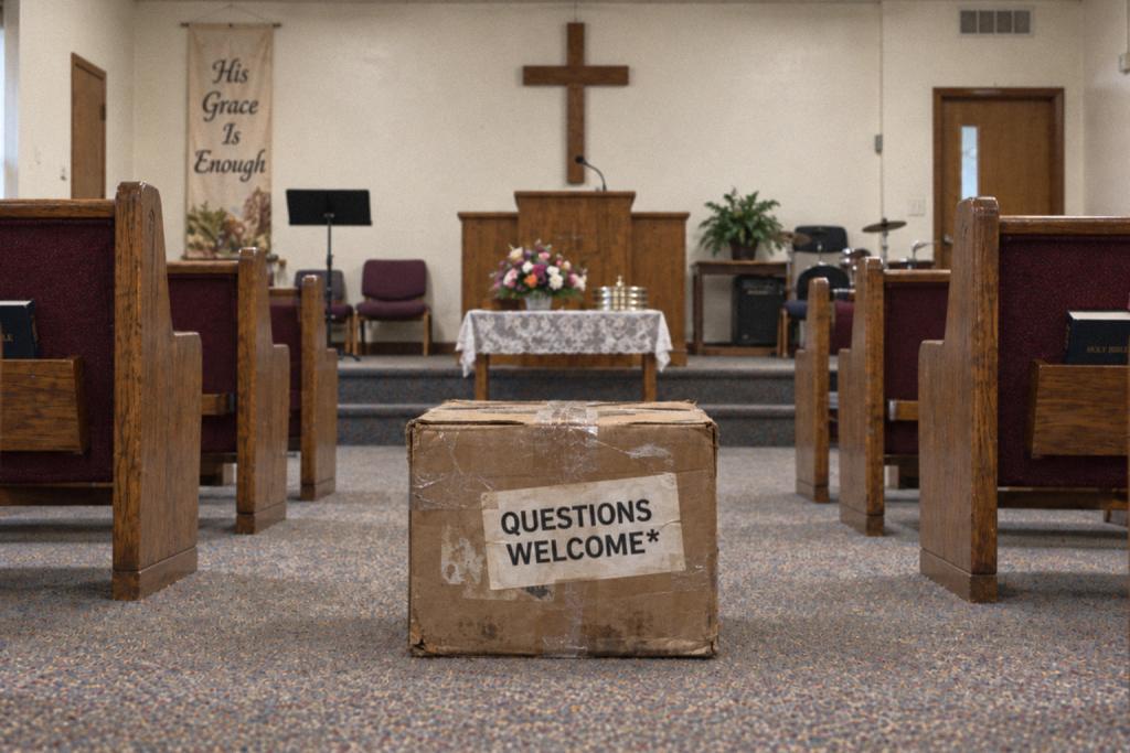 A worn cardboard box labeled “QUESTIONS WELCOME*” sits in the center aisle of a small, older church sanctuary. The box is scuffed, repeatedly taped shut, and surrounded by plain wooden pews under fluorescent lights.