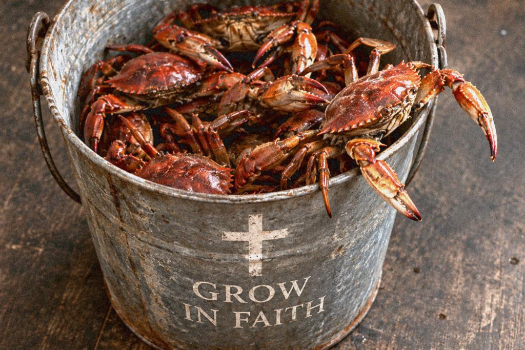 A weathered metal bucket filled with red crabs, viewed from above. One crab struggles to climb over the rim while others crowd beneath it. A white cross and the words “GROW IN FAITH” are painted on the side, satirizing how evangelical churches discourage those who question or leave