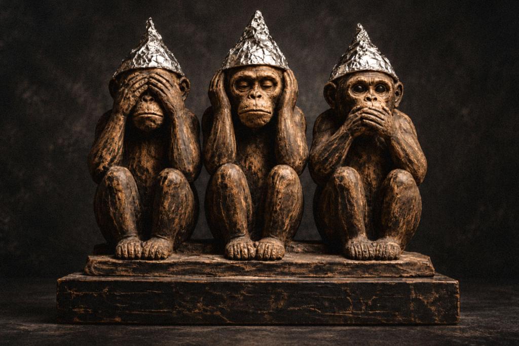 Three carved wise-monkey statues wearing crumpled tinfoil hats, posed as see no evil, hear no evil, and speak no evil against a dark background.