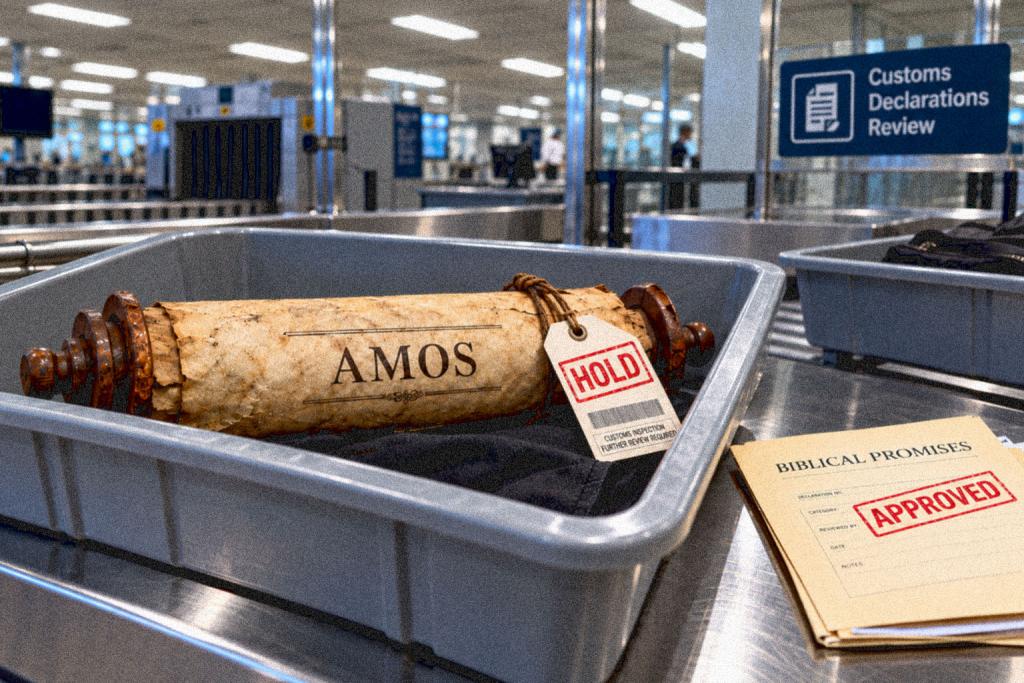 An ancient scroll labeled “AMOS” sits in a gray airport customs bin with a red “HOLD” tag, while a nearby folder labeled “BIBLICAL PROMISES” is stamped “APPROVED.”
