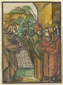 An illustration showing Christ and the Pharisees. Hand-coloured woodcut. From Das Plenarium (1517). Created by Hans Schäufelein. / Photo courtesy Metropolitan Museum of Art, Creative Commons