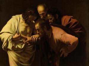 Saint Thomas looking at Jesus' hands