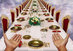 Table with chairs and place settings, set for a banquet.