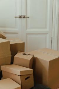 Assorted boxes in front of a door