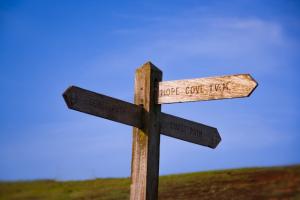Cross with a sign post on it to direct a path