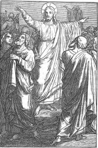 Black and white photo of Jesus sending out the 70 disciples