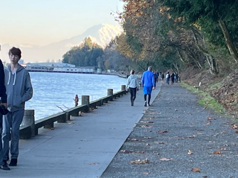 People enjoy walking by the Puget Sound and seeing Mt. Rainier in the background.