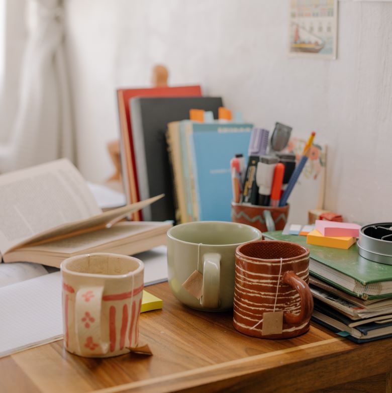 A desk in a college dorm room