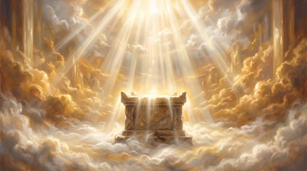 A majestic and reverent painting of a heavenly altar. At the center of a vast, celestial space filled with swirling white and gold clouds stands a simple, ancient stone altar. Powerful, dramatic shafts of radiant golden light stream down from a high, unseen source, illuminating the altar and casting a divine glow throughout the sacred, still atmosphere.