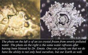 Frozen water molecules under a microscope. One of polluted water and the other the same water after being blessed.
