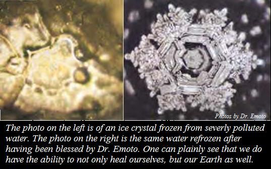 Frozen water molecules under a microscope. One of polluted water and the other the same water after being blessed. 