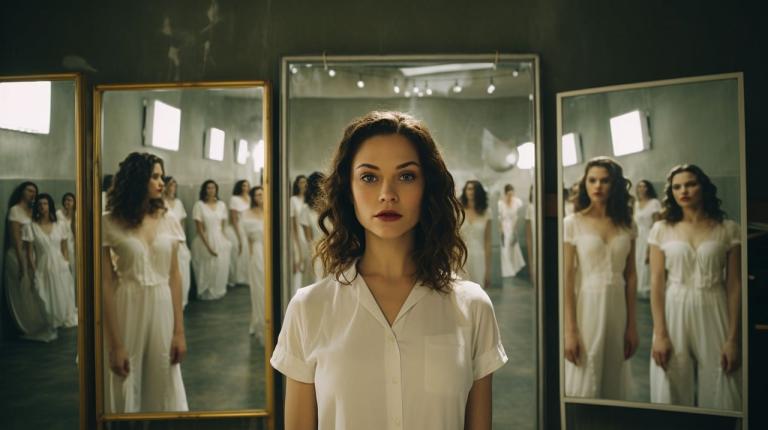 Girl in white shirt standing in a room of mirrors.
