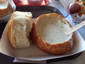Clam Chowder in a sourdough bread bowl from Boudin Bakery at Fisherman's Wharf in San Francisco, CA