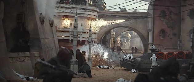 A scene from "Rogue One: A Star Wars Story": Rebels attack a convoy of Imperial Storm Troopers in the Holy City of Jedha