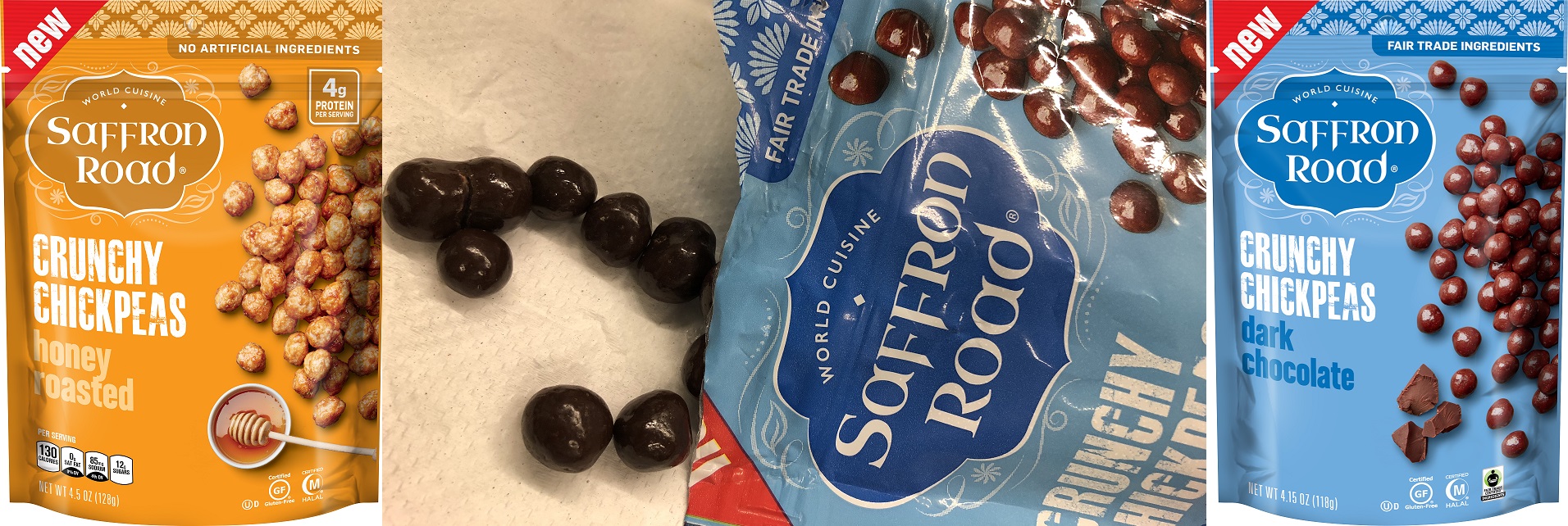 New Flavors of Crunchy Chickpea Snacks from Saffron Road which have 3g of protein, are gluten free, no artificial ingredients, Non-GMO, Dual Certified Halal and OU Kosher!