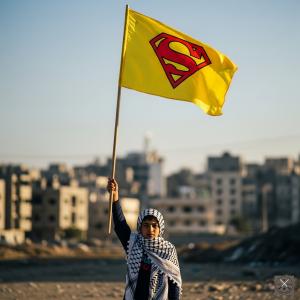 Palestinian Child Holding a Superman Flag.