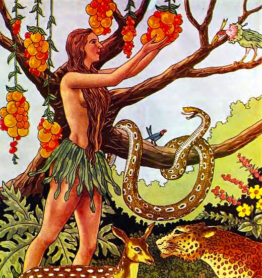 demonstrates Satan speaking to Eve in the Garden of Eden