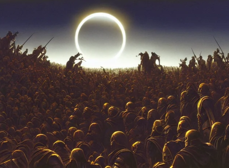 A computer image of the Battle of Halys, fighting under an eclipse