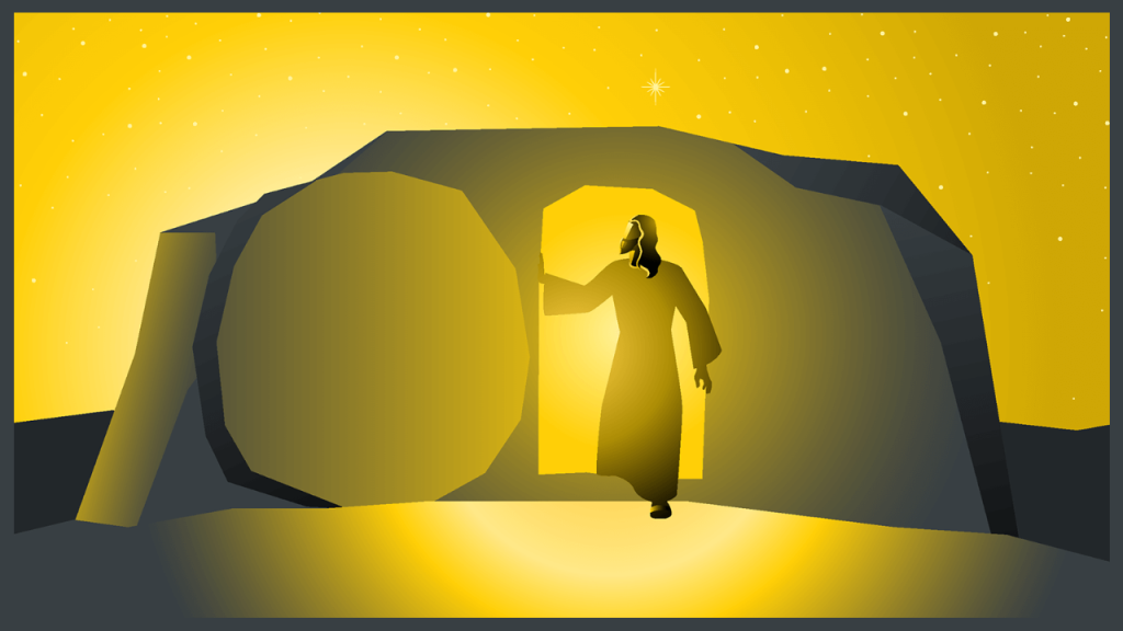 Carcicture of Jesus rolling away the stone of His tomb