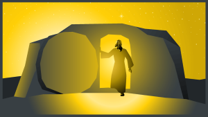 Caricature of Jesus rolling away the stone of His tomb