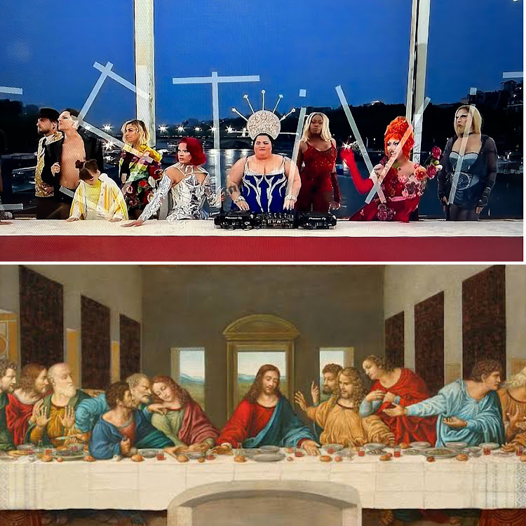 A top and bottom comparison of Leonardo da Vinci's painting of "The Last Supper" and what was involved in the 2024 Olympic Opening Ceremonies