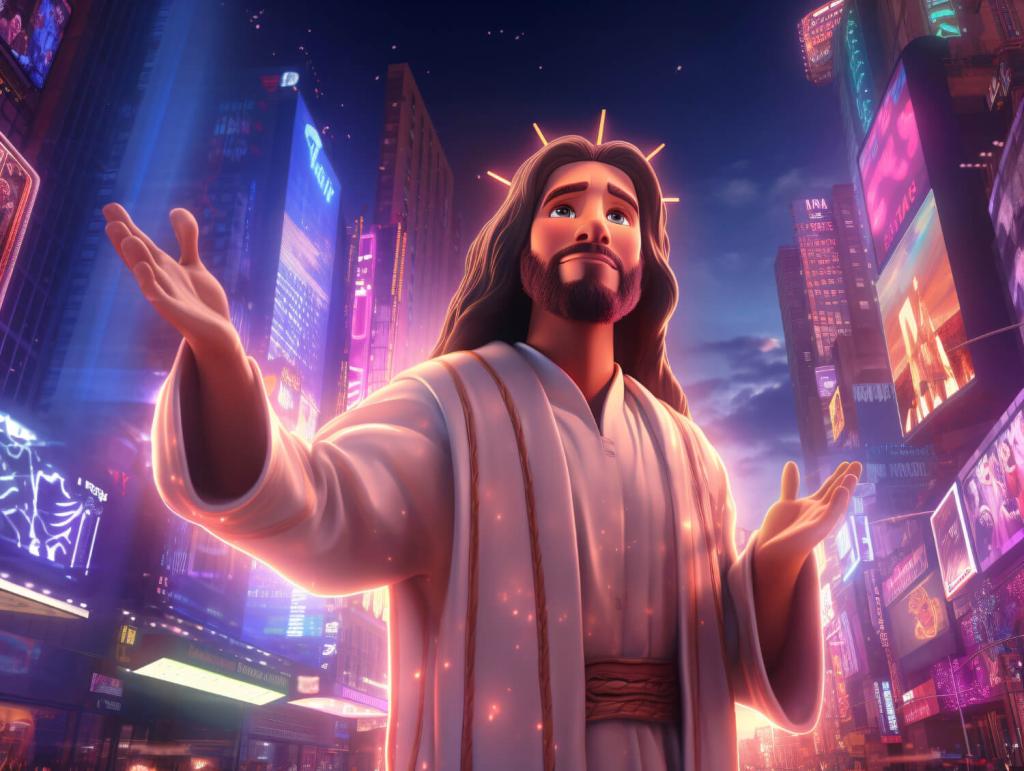 An AI-powered Jesus standing in the middle of New York's Times Square