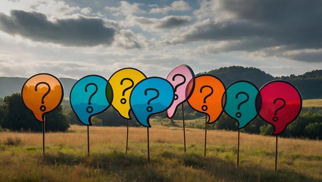 sticks with question bubbles on a country hill