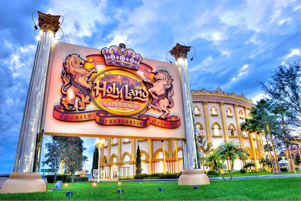 Holy Land Experience marquee in front of a gaudy coliseum looking building
