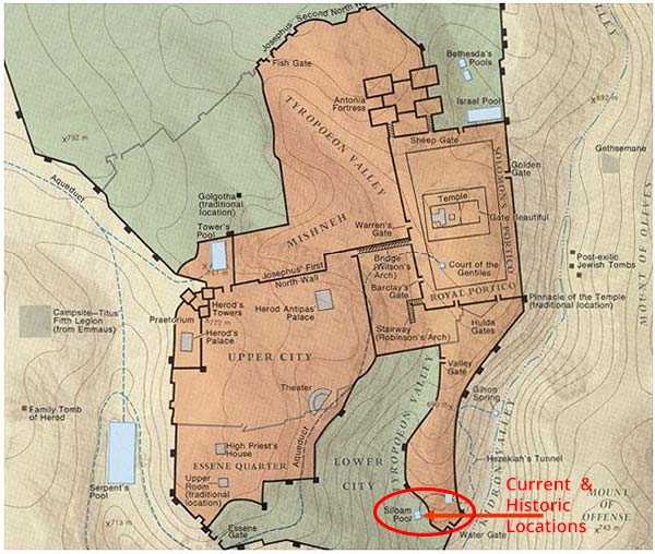 A map of ancient Jerusalem, circling the Pool of Siloam.