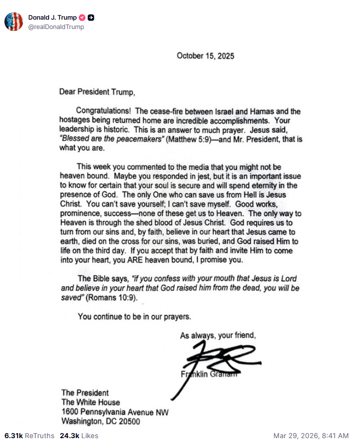 Donald Trump shares a letter from Franklin Graham via Truth Social 