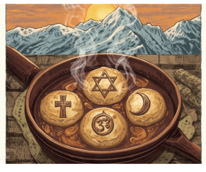 A bowl of theology soup with dumplings, each reflective of major religions or an interfaith service