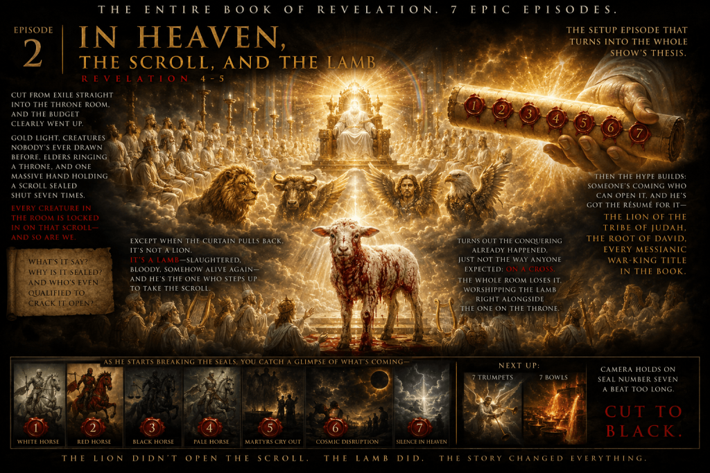 AI-generated image of Revelation 4-5, as done as a movie poster