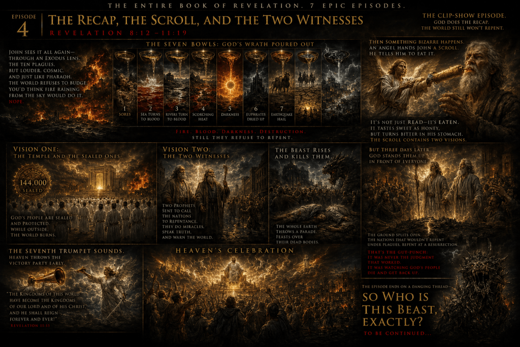 An AI-generated image of the summary of Revelation 8B-11