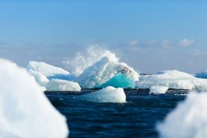 The first-person point of view going through an iceberg while staring at a few ahead.