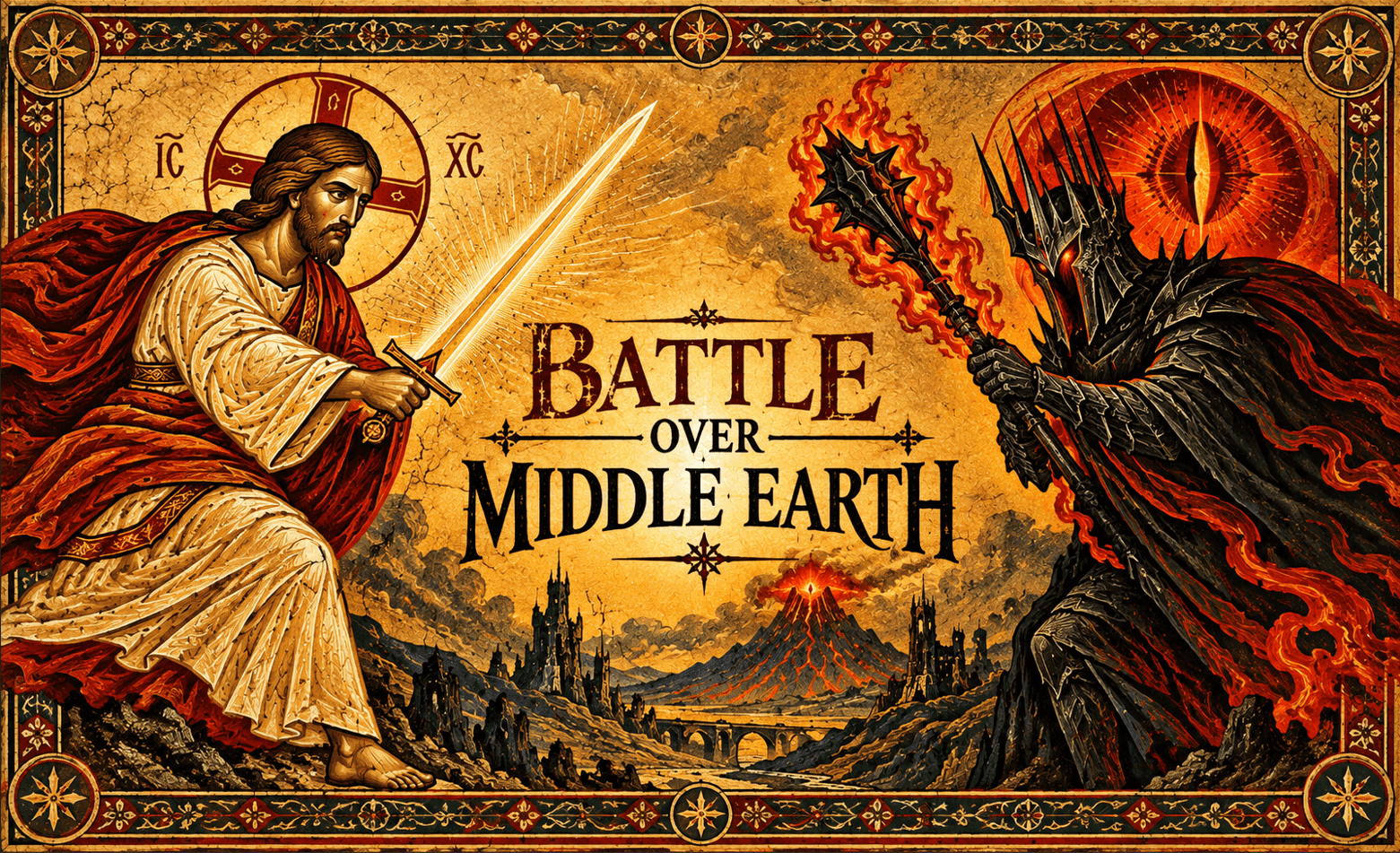 AI-generated image of Jesus and Sauron facing each other over "The Battle Over Middle Earth" done in a medieval print