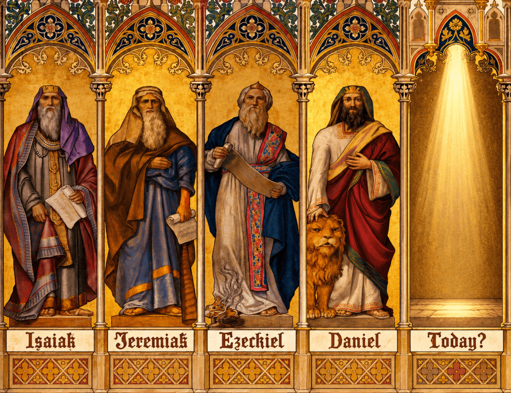 A medieval image of four Biblical prophets and a slot open reading "Today?"