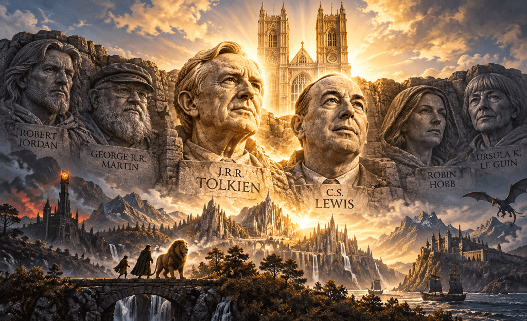 An AI-generated image of the most respected fantasy writers in history -- Robert Jordan, George R.R. Martin, J.R.R. Tolkien, C.S. Lewis, Robin Hobb, Ursula K. Le Guin
