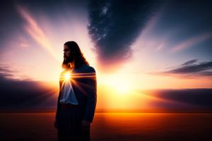 An AI generated image of Jesus in modern clothes walking along a shoreline