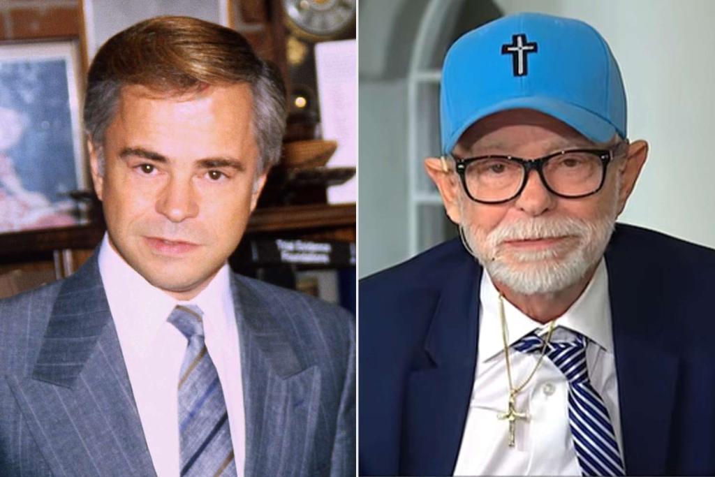 A side-by-side of a young Jim Bakker during his PTL days and an old Jim Bakker during his smaller persona in Florida