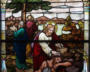 Saint Henry Catholic Church (St. Henry, Ohio) - stained glass detail, nave, Christ as the Good Samaritan.