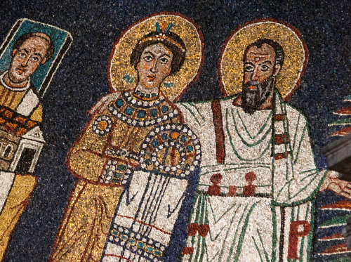 Apostle Paul embracing female saint. 9th century mosaic, basilica of Santa Prassede.
