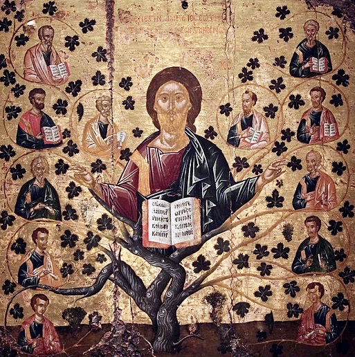 Icon with Christ the Vine ca. 1500 by Angelos Akotantos, found in the Byzantine and Christian Museum, Athens, Greece.