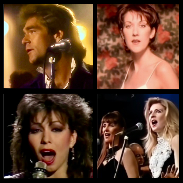 Artists pictured (clockwise from top left): Huey Lewis, Celine Dion, Jennifer Rush, and Darlene Zschech (foreground) of Hillsong.