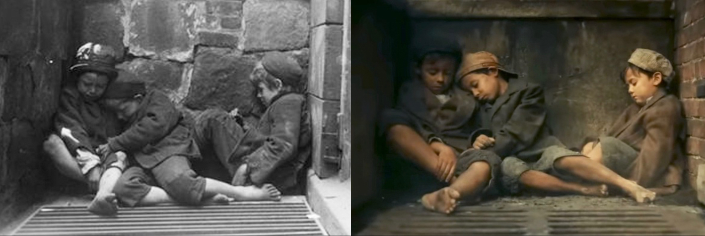 This side by side comparison shows the actual conditions in 1889 five points versus how it was portrayed in the film Cabrini. LEFT: Street Arabs in New York sleeping quarters by Jacob Riis, circa 1889. Original Photo courtesy Museum of the City of New York via Wikimedia Commons. CC-PD-Mark. RIGHT: Original 
