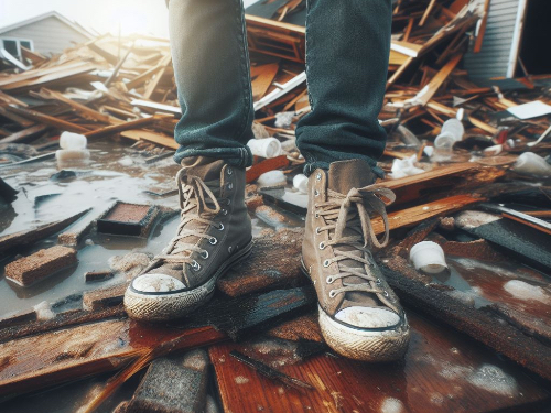 An AI generated image of feet standing on debris from a home destroyed after a storm.