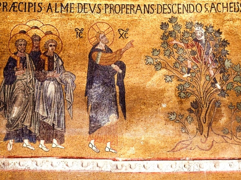 Byzantine mosaic depicting Jesus and Zacchaeus. Vault to the east of the dome of St. Leonard in St. Mark's Cathedral, Venice, Italy, circa 1050 AD.