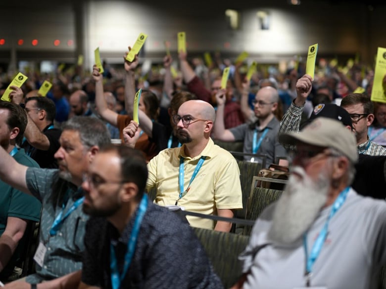 A visible majority of Southern Baptist men voting on June 10, 2026 to ban women from participating in pastoral ministry. Photo by Phelan M. Ebenhack, courtesy of the Associated Press. All Rights Reserved.