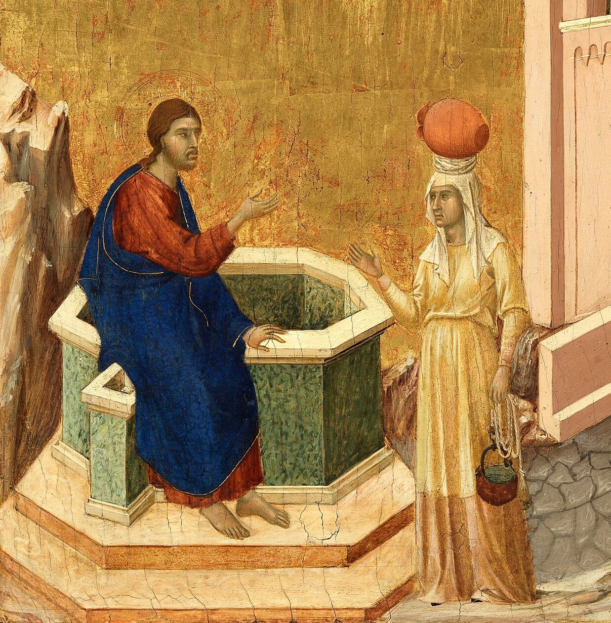 Christ and the Samaritan. Woman, panel by Duccio di Buoninsegna with tempera and gold, ca. 1311. Public domain.