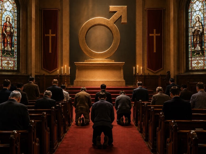 AI generated content created by James Travis Young of a church filled with men kneeling before the symbol for male (Mars).