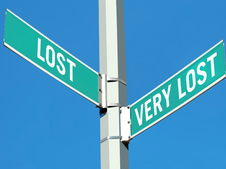 Road sign that points to lost and to very lost